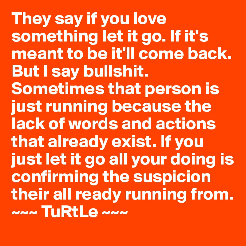 They say if you love something let it go. If it's meant to be it'll come back. But I say bullshit. Sometimes that person is just running because the lack of words and actions that already exist. If you just let it go all your doing is confirming the suspicion their all ready running from.
~~~ TuRtLe ~~~