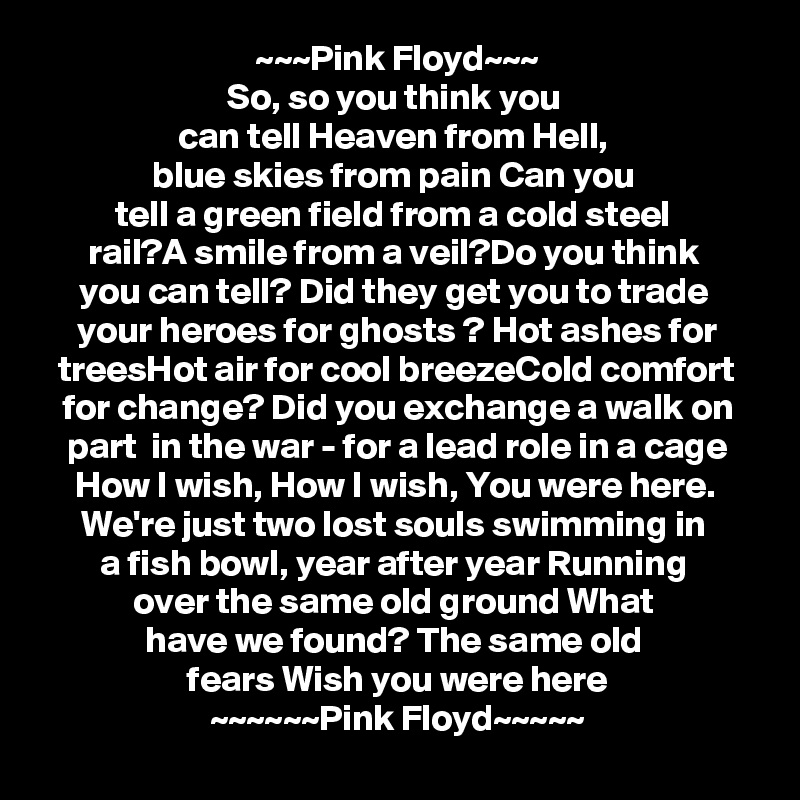 ~~~Pink Floyd~~~
So, so you think you 
can tell Heaven from Hell, 
blue skies from pain Can you 
tell a green field from a cold steel 
rail?A smile from a veil?Do you think 
you can tell? Did they get you to trade  your heroes for ghosts ? Hot ashes for treesHot air for cool breezeCold comfort for change? Did you exchange a walk on part  in the war - for a lead role in a cage How I wish, How I wish, You were here. 
We're just two lost souls swimming in 
a fish bowl, year after year Running 
over the same old ground What 
have we found? The same old 
fears Wish you were here
~~~~~~Pink Floyd~~~~~