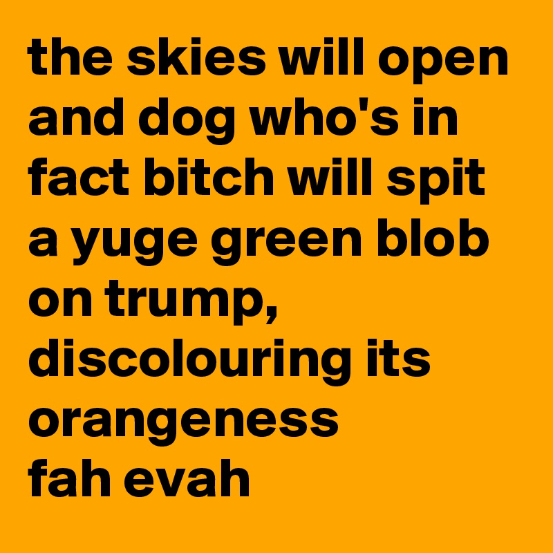 the skies will open and dog who's in fact bitch will spit a yuge green blob on trump, discolouring its orangeness 
fah evah