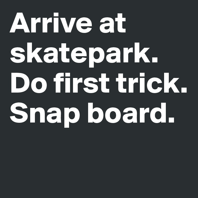 Arrive at skatepark. 
Do first trick. 
Snap board.
