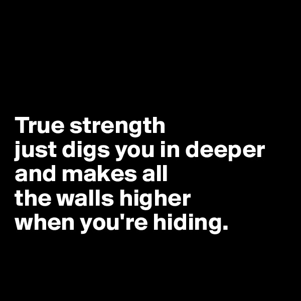 



True strength 
just digs you in deeper and makes all
the walls higher 
when you're hiding.

