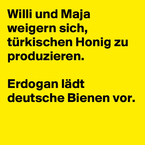 Willi und Maja weigern sich, türkischen Honig zu produzieren. 

Erdogan lädt deutsche Bienen vor. 


