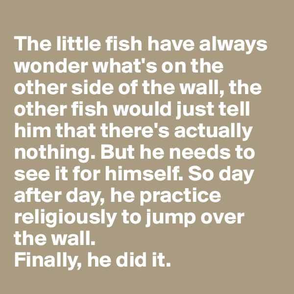 
The little fish have always wonder what's on the other side of the wall, the other fish would just tell him that there's actually nothing. But he needs to see it for himself. So day after day, he practice religiously to jump over the wall. 
Finally, he did it. 