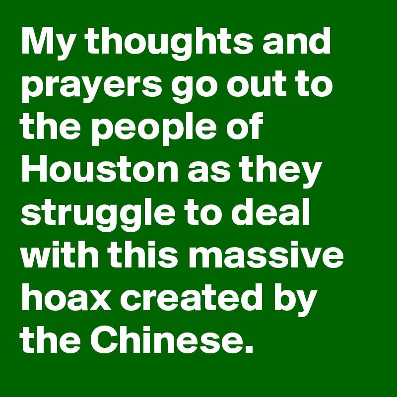 My thoughts and prayers go out to the people of Houston as they struggle to deal with this massive hoax created by the Chinese.