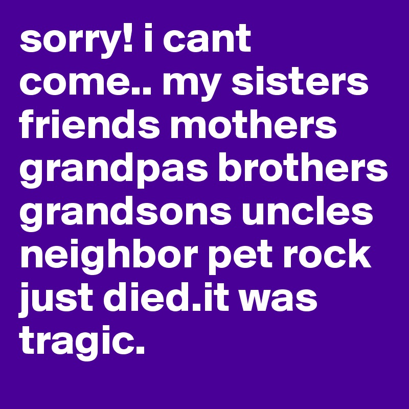 sorry! i cant come.. my sisters friends mothers grandpas brothers grandsons uncles neighbor pet rock just died.it was tragic.