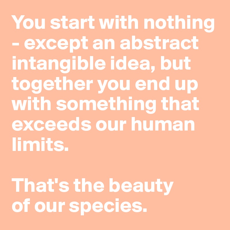 You start with nothing - except an abstract intangible idea, but together you end up with something that exceeds our human limits. 

That's the beauty 
of our species.