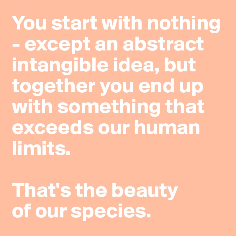 You start with nothing - except an abstract intangible idea, but together you end up with something that exceeds our human limits. 

That's the beauty 
of our species.