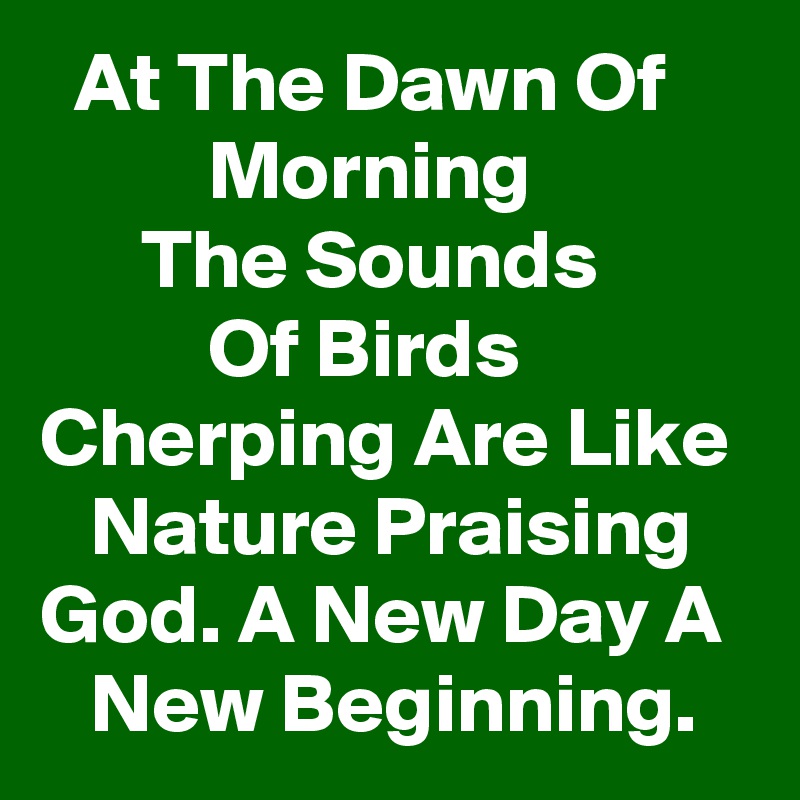   At The Dawn Of               Morning                   The Sounds                   Of Birds Cherping Are Like    Nature Praising God. A New Day A     New Beginning.