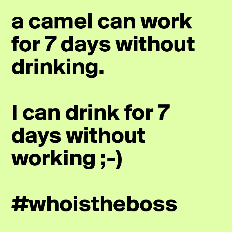 a camel can work for 7 days without drinking.

I can drink for 7 days without working ;-)

#whoistheboss