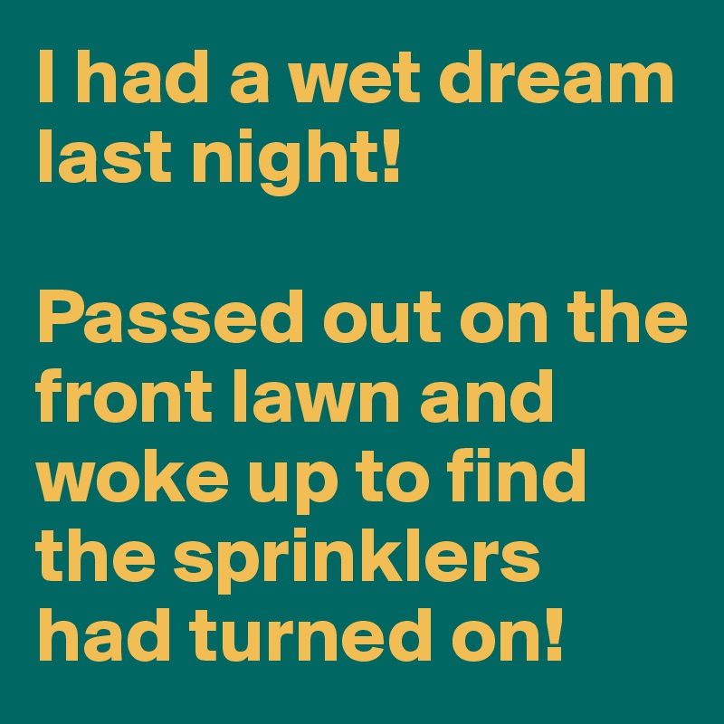 I had a wet dream last night!

Passed out on the front lawn and woke up to find the sprinklers had turned on!