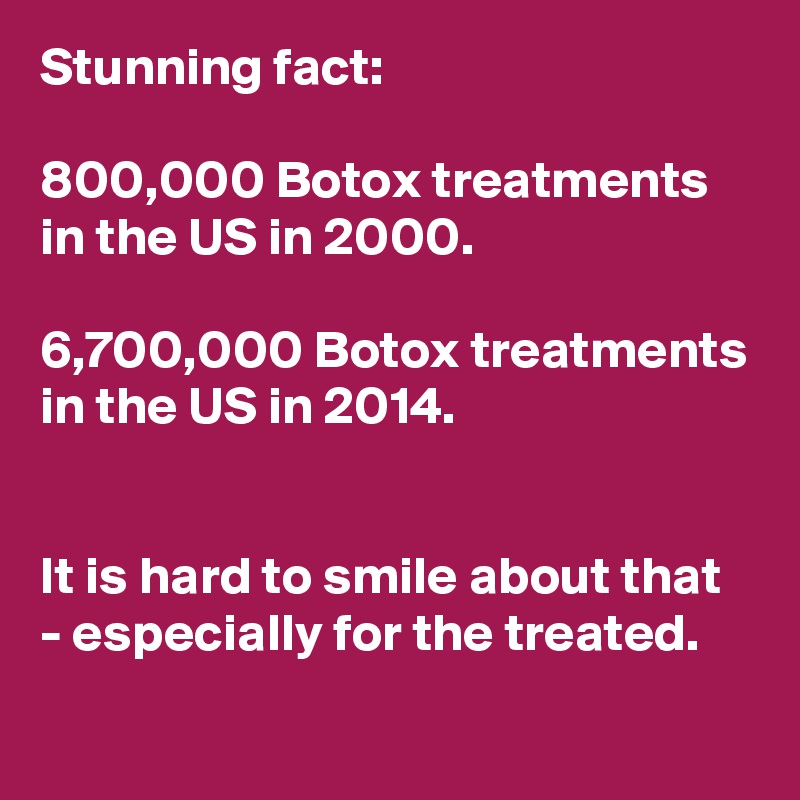 Stunning fact:

800,000 Botox treatments in the US in 2000.

6,700,000 Botox treatments in the US in 2014.


It is hard to smile about that - especially for the treated.
