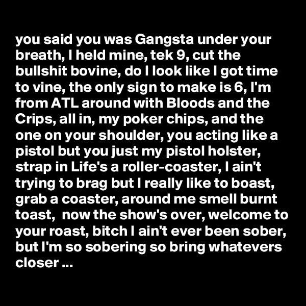 
you said you was Gangsta under your breath, I held mine, tek 9, cut the bullshit bovine, do I look like I got time to vine, the only sign to make is 6, I'm from ATL around with Bloods and the Crips, all in, my poker chips, and the one on your shoulder, you acting like a pistol but you just my pistol holster, strap in Life's a roller-coaster, I ain't trying to brag but I really like to boast, grab a coaster, around me smell burnt toast,  now the show's over, welcome to your roast, bitch I ain't ever been sober, but I'm so sobering so bring whatevers closer ...
