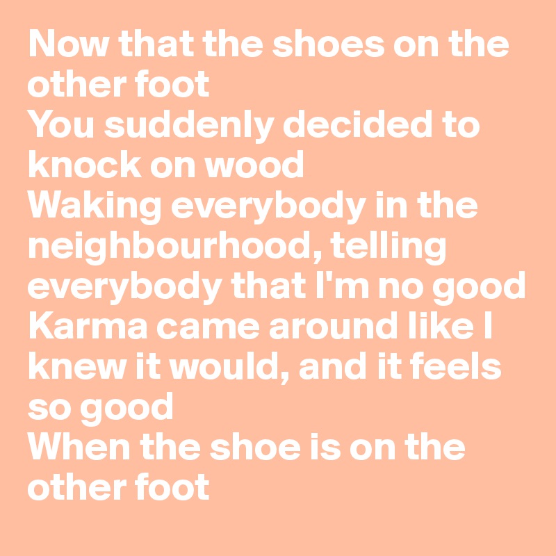 Now that the shoes on the other foot 
You suddenly decided to knock on wood 
Waking everybody in the neighbourhood, telling everybody that I'm no good
Karma came around like I knew it would, and it feels
so good 
When the shoe is on the other foot