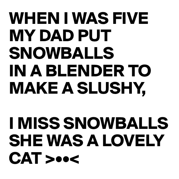 WHEN I WAS FIVE MY DAD PUT SNOWBALLS
IN A BLENDER TO MAKE A SLUSHY,

I MISS SNOWBALLS SHE WAS A LOVELY CAT >••<