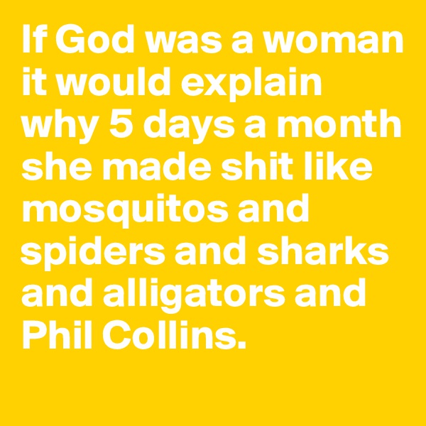 If God was a woman it would explain why 5 days a month she made shit like mosquitos and spiders and sharks and alligators and Phil Collins.