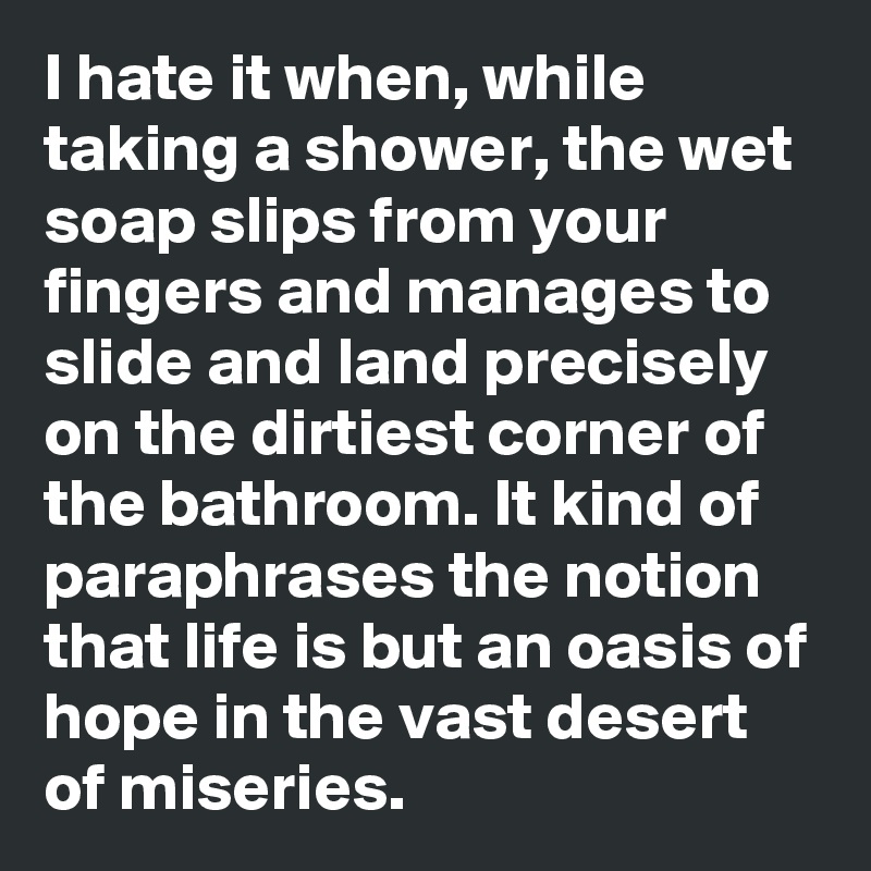 I hate it when, while taking a shower, the wet soap slips from your fingers and manages to slide and land precisely on the dirtiest corner of the bathroom. It kind of paraphrases the notion that life is but an oasis of hope in the vast desert of miseries.