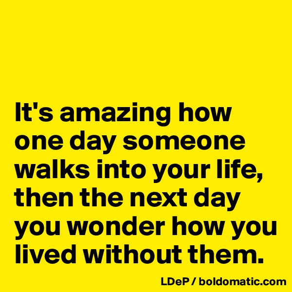 


It's amazing how one day someone walks into your life, then the next day you wonder how you lived without them. 