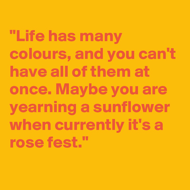 
"Life has many colours, and you can't have all of them at once. Maybe you are yearning a sunflower when currently it's a rose fest."
