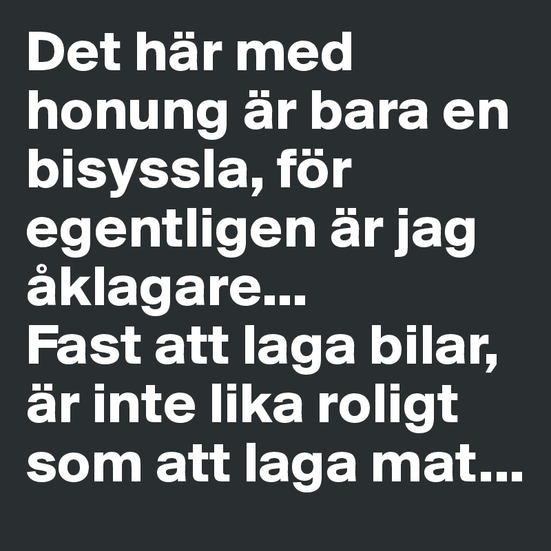 Det här med honung är bara en bisyssla, för egentligen är jag åklagare... 
Fast att laga bilar, är inte lika roligt som att laga mat...