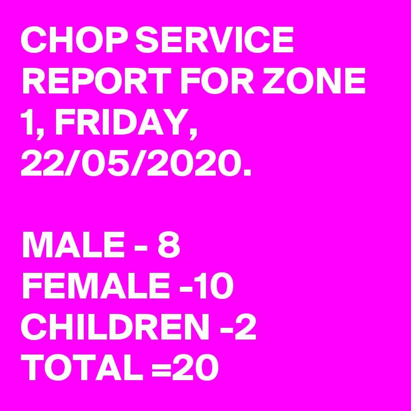 CHOP SERVICE REPORT FOR ZONE 1, FRIDAY, 22/05/2020.

MALE - 8
FEMALE -10
CHILDREN -2
TOTAL =20