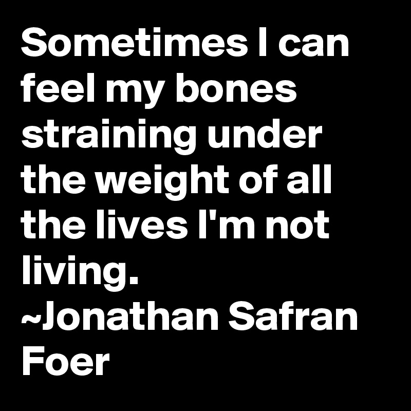 Sometimes I can feel my bones straining under the weight of all the lives I'm not living.
~Jonathan Safran Foer