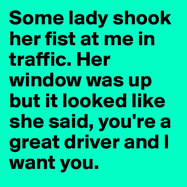 Some lady shook her fist at me in traffic. Her window was up but it looked like she said, you're a great driver and I want you.