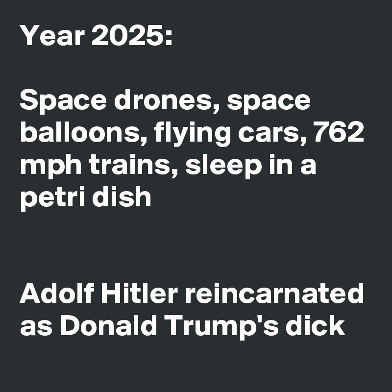 Year 2025:

Space drones, space balloons, flying cars, 762 mph trains, sleep in a petri dish


Adolf Hitler reincarnated as Donald Trump's dick 