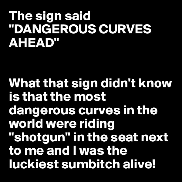 The sign said "DANGEROUS CURVES AHEAD"


What that sign didn't know is that the most dangerous curves in the world were riding "shotgun" in the seat next to me and I was the luckiest sumbitch alive! 