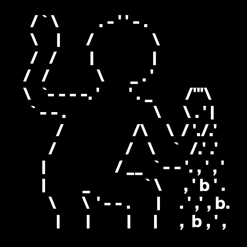      / ` \           . - ' ' - .
     \     |       /                \
     /   /         |                |
   /   /             \       _ . '
   \   `- - - -. '        ' . _         /'''\
     ` - - .                        \      \ . ' |
            /                   /\     \  / './.'
          /                   /    \     `   /.' .'
        |                   / __   ` - - '. , ' , '
        |          _               ` \      , ' b ' . 
          \       \  ' - - .       |     . ' ,' , b.
            |       |          |      |      ,  b , ' ,