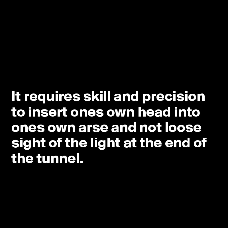 




It requires skill and precision to insert ones own head into ones own arse and not loose sight of the light at the end of the tunnel.



