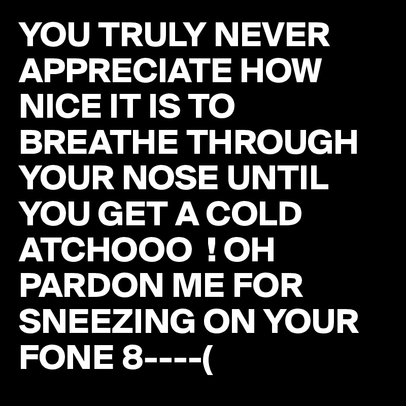 YOU TRULY NEVER APPRECIATE HOW NICE IT IS TO BREATHE THROUGH YOUR NOSE UNTIL YOU GET A COLD ATCHOOO  ! OH PARDON ME FOR SNEEZING ON YOUR FONE 8----(