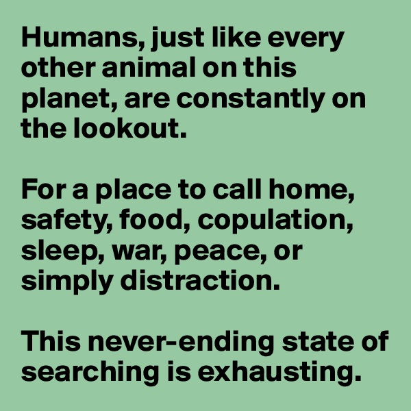 Humans, just like every other animal on this planet, are constantly on the lookout.

For a place to call home, safety, food, copulation, sleep, war, peace, or simply distraction.

This never-ending state of searching is exhausting.
