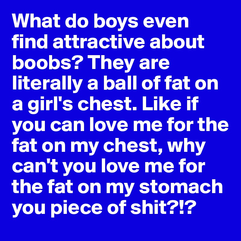 What do boys even find attractive about boobs? They are literally a ball of fat on a girl's chest. Like if you can love me for the fat on my chest, why can't you love me for the fat on my stomach you piece of shit?!?