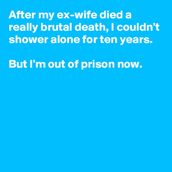 After my ex-wife died a really brutal death, I couldn't shower alone for ten years.

But I'm out of prison now.






