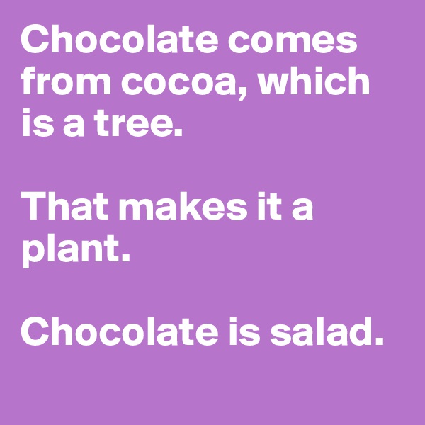 Chocolate comes from cocoa, which is a tree.

That makes it a plant.

Chocolate is salad.
