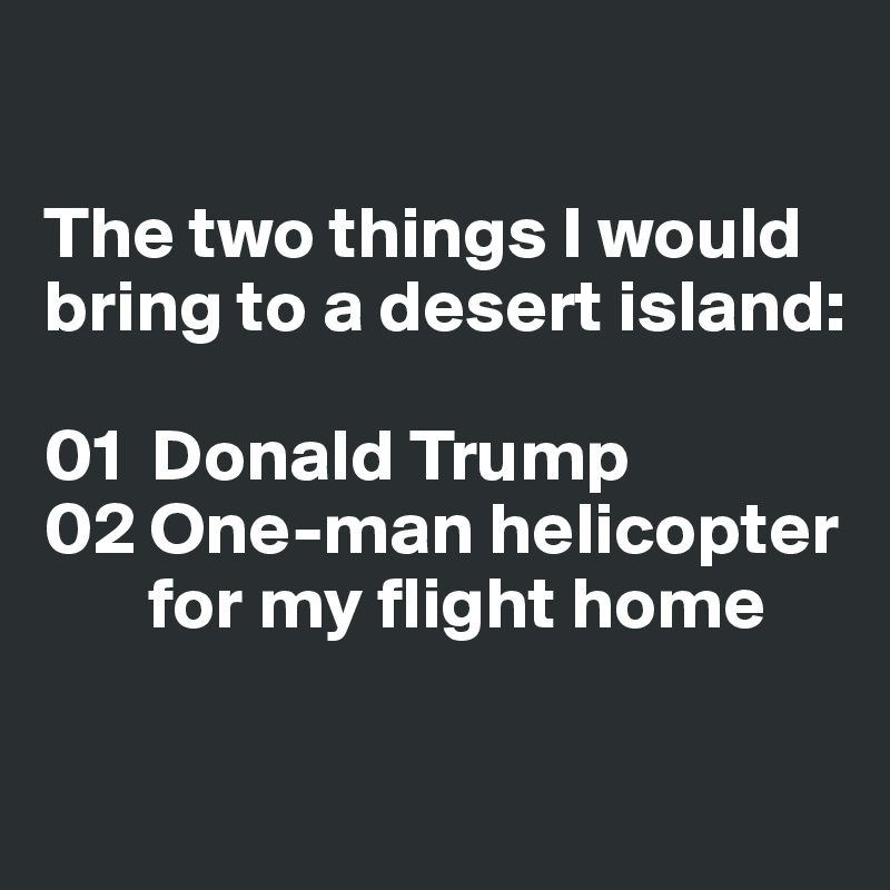 

The two things I would bring to a desert island:

01  Donald Trump
02 One-man helicopter 
       for my flight home

