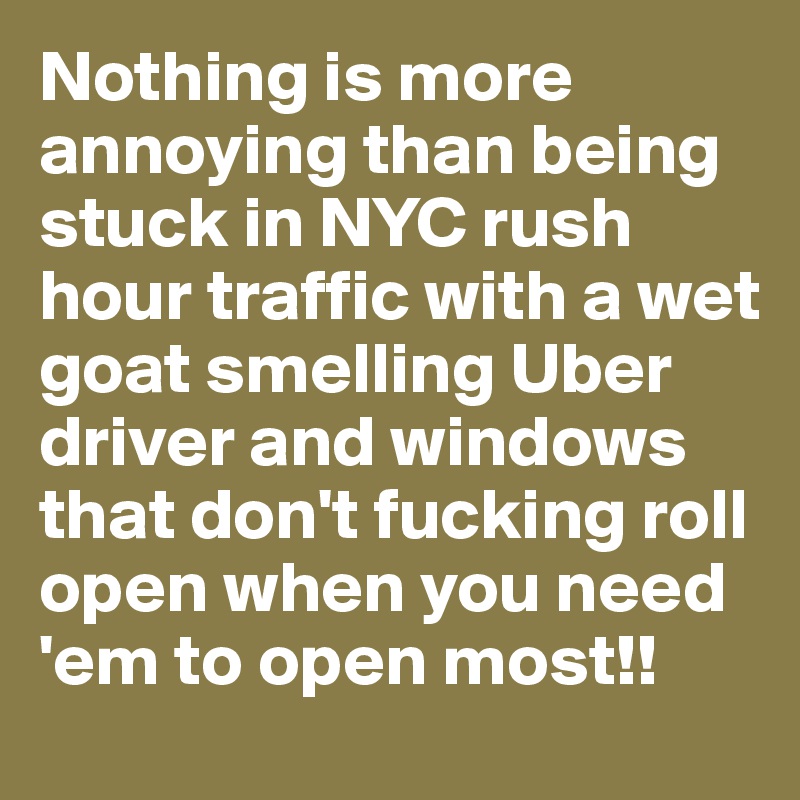 Nothing is more annoying than being stuck in NYC rush hour traffic with a wet goat smelling Uber driver and windows that don't fucking roll open when you need 'em to open most!!
