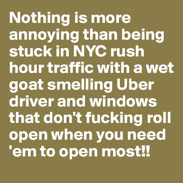 Nothing is more annoying than being stuck in NYC rush hour traffic with a wet goat smelling Uber driver and windows that don't fucking roll open when you need 'em to open most!!