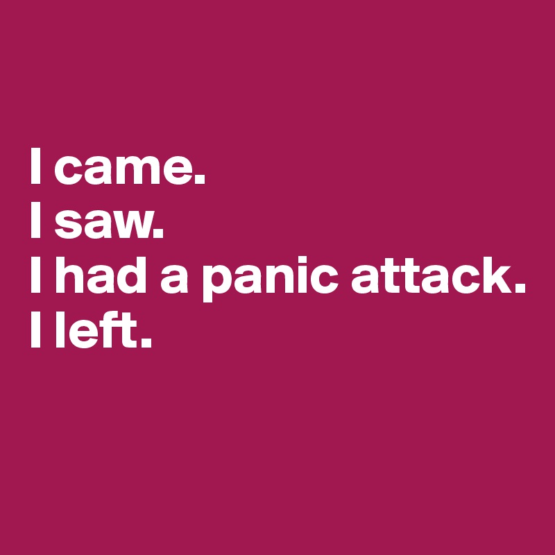 

I came.
I saw. 
I had a panic attack.
I left.

