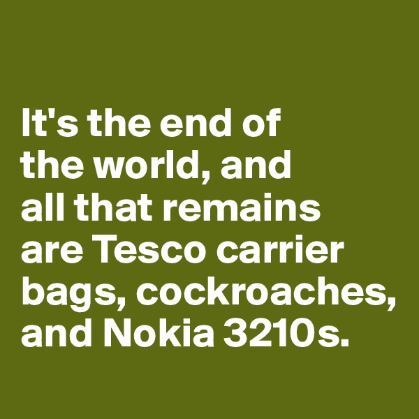 

It's the end of 
the world, and 
all that remains 
are Tesco carrier bags, cockroaches,  and Nokia 3210s. 