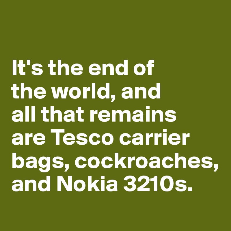 

It's the end of 
the world, and 
all that remains 
are Tesco carrier bags, cockroaches,  and Nokia 3210s. 