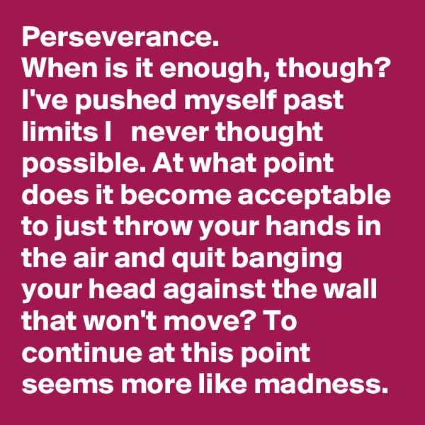 Perseverance. 
When is it enough, though? I've pushed myself past limits I   never thought possible. At what point does it become acceptable to just throw your hands in the air and quit banging your head against the wall that won't move? To continue at this point seems more like madness.   