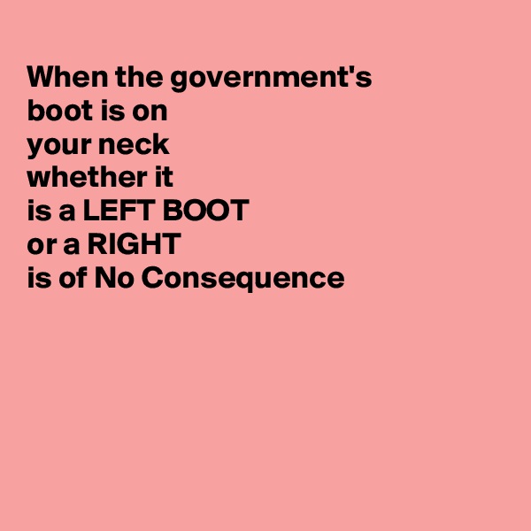
When the government's 
boot is on 
your neck
whether it
is a LEFT BOOT 
or a RIGHT
is of No Consequence 





