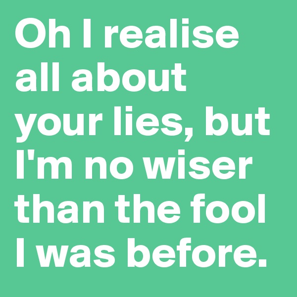 Oh I realise all about your lies, but I'm no wiser than the fool I was before.
