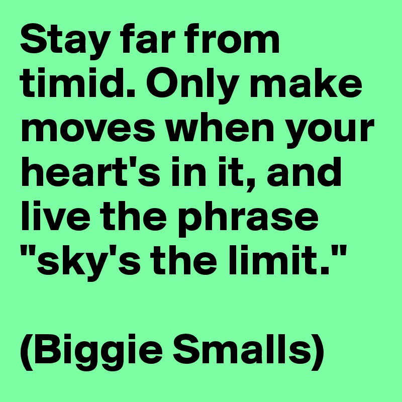 Stay far from timid. Only make moves when your heart's in it, and live the phrase "sky's the limit."

(Biggie Smalls)