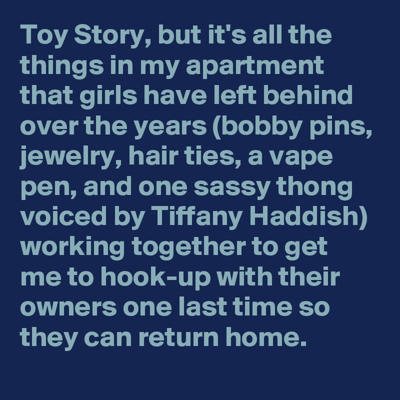 Toy Story, but it's all the things in my apartment that girls have left behind over the years (bobby pins, jewelry, hair ties, a vape pen, and one sassy thong voiced by Tiffany Haddish) working together to get me to hook-up with their owners one last time so they can return home.
