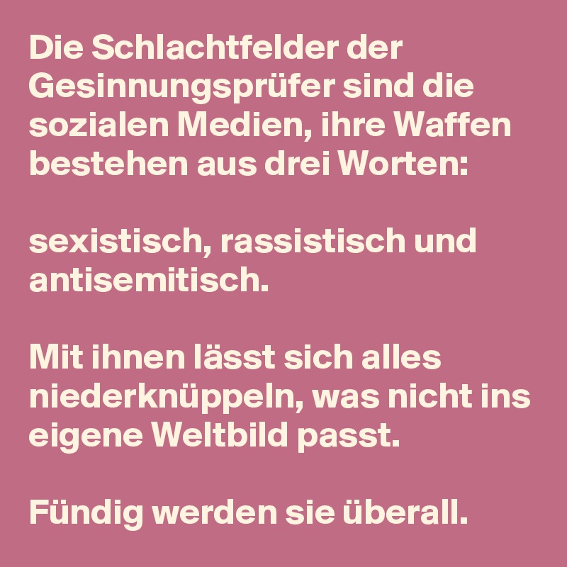 Die Schlachtfelder der Gesinnungsprüfer sind die sozialen Medien, ihre Waffen bestehen aus drei Worten: 

sexistisch, rassistisch und antisemitisch. 

Mit ihnen lässt sich alles niederknüppeln, was nicht ins eigene Weltbild passt. 

Fündig werden sie überall.