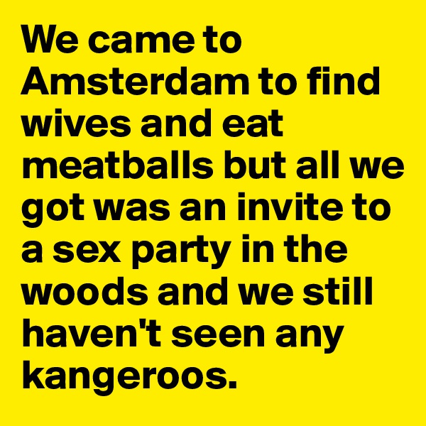 We came to Amsterdam to find wives and eat meatballs but all we got was an invite to a sex party in the woods and we still haven't seen any kangeroos.