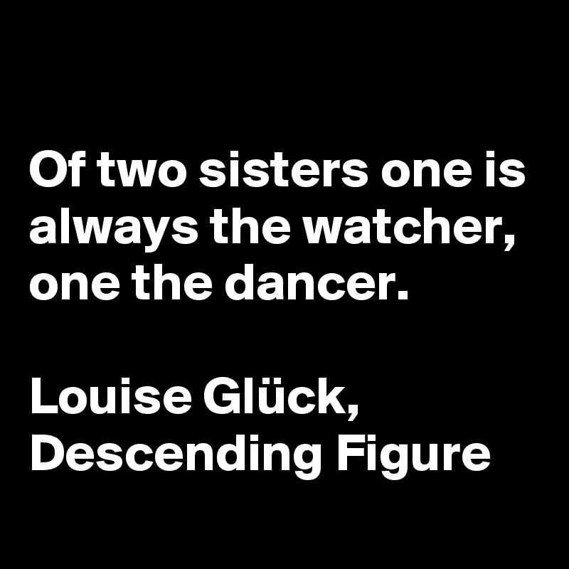 

Of two sisters one is always the watcher, one the dancer.

Louise Glück, Descending Figure