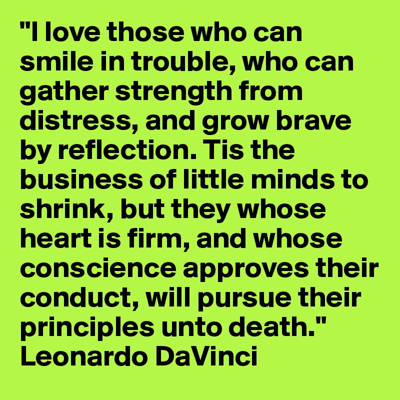 "I love those who can smile in trouble, who can gather strength from distress, and grow brave by reflection. Tis the business of little minds to shrink, but they whose heart is firm, and whose conscience approves their conduct, will pursue their principles unto death."
Leonardo DaVinci